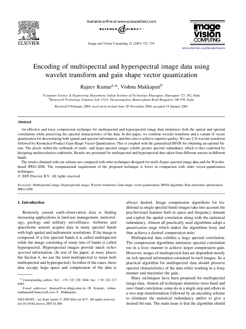 Encoding of multispectral and hyperspectral image data using wavelet transform and gain shape vector quantization