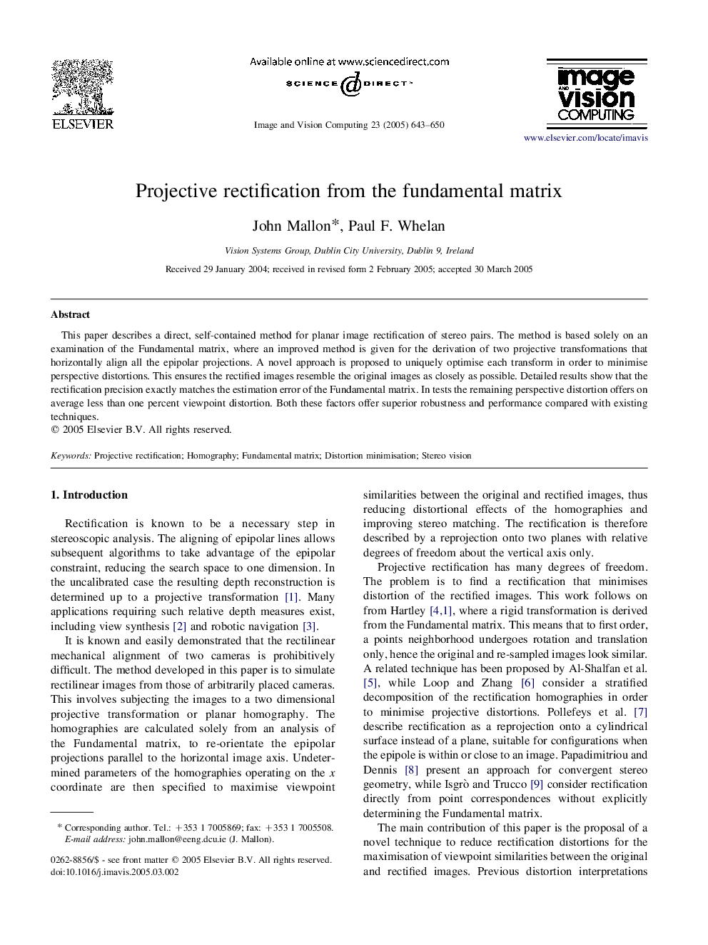 Projective rectification from the fundamental matrix