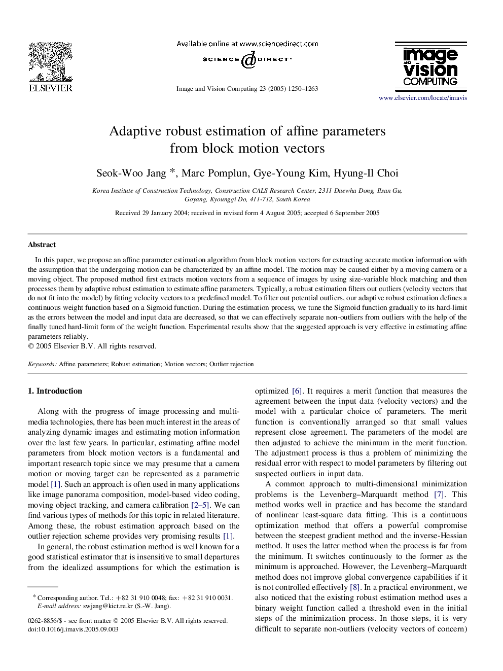 Adaptive robust estimation of affine parameters from block motion vectors