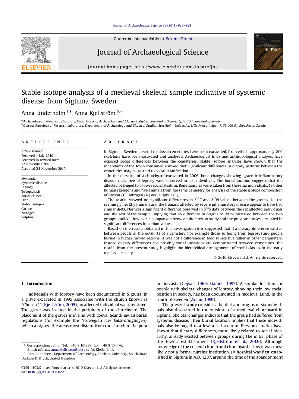 Stable isotope analysis of a medieval skeletal sample indicative of systemic disease from Sigtuna Sweden