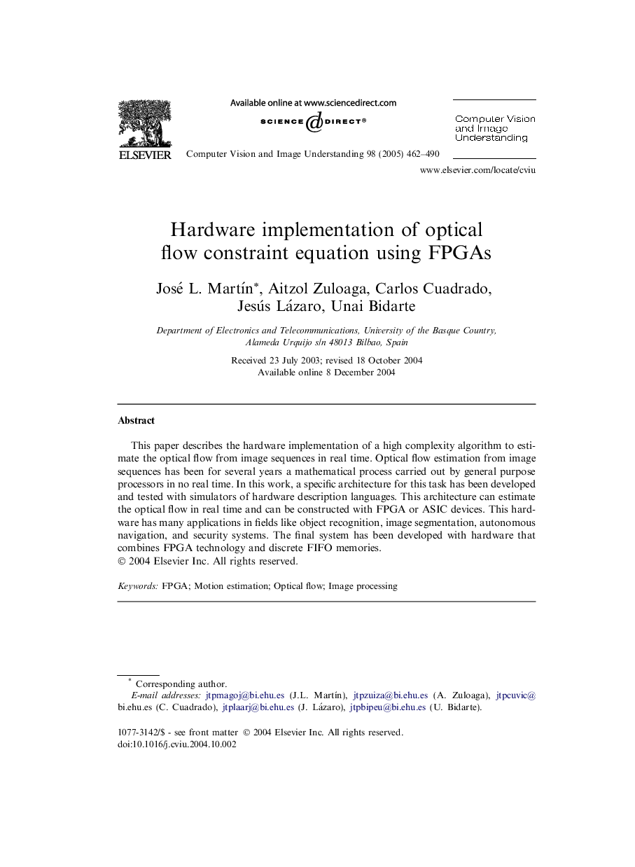 Hardware implementation of optical flow constraint equation using FPGAs