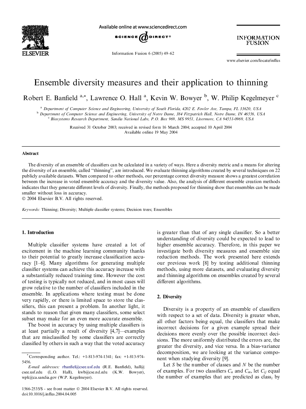 Ensemble diversity measures and their application to thinning