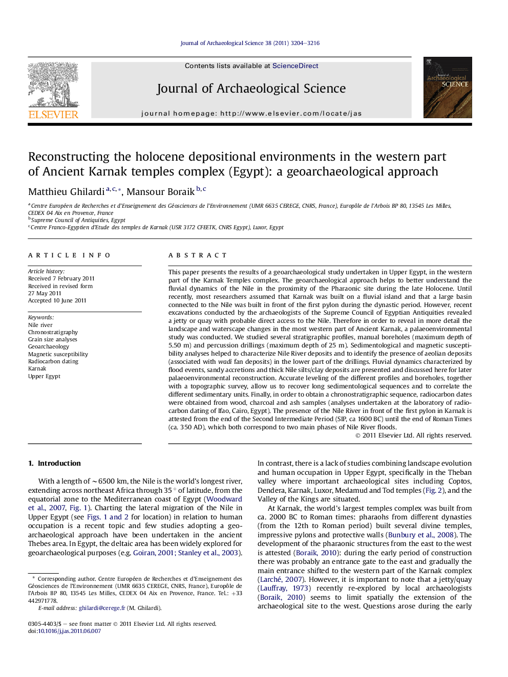 Reconstructing the holocene depositional environments in the western part of Ancient Karnak temples complex (Egypt): a geoarchaeological approach