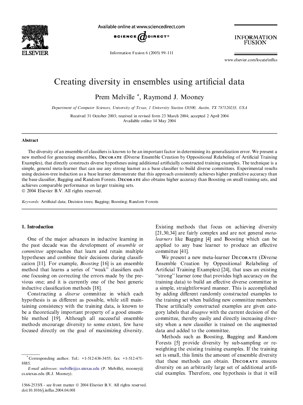 Creating diversity in ensembles using artificial data