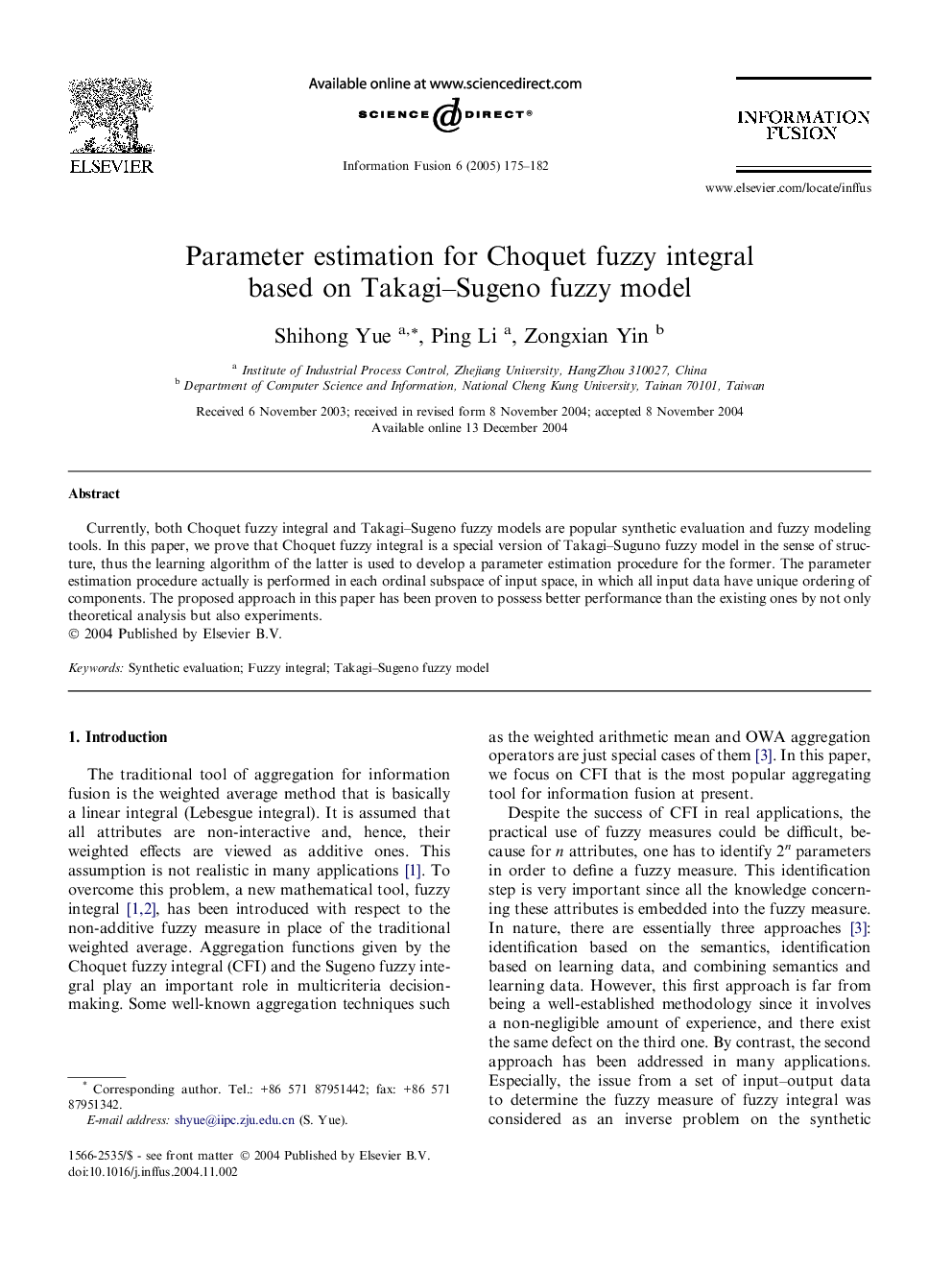 Parameter estimation for Choquet fuzzy integral based on Takagi-Sugeno fuzzy model