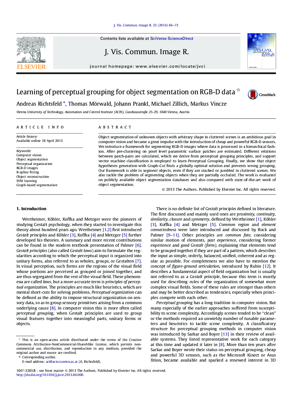 Learning of perceptual grouping for object segmentation on RGB-D data