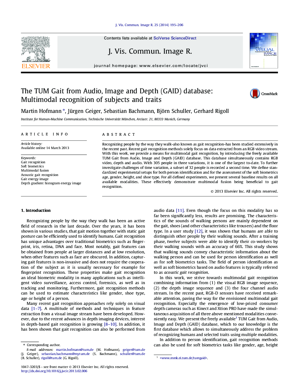 The TUM Gait from Audio, Image and Depth (GAID) database: Multimodal recognition of subjects and traits