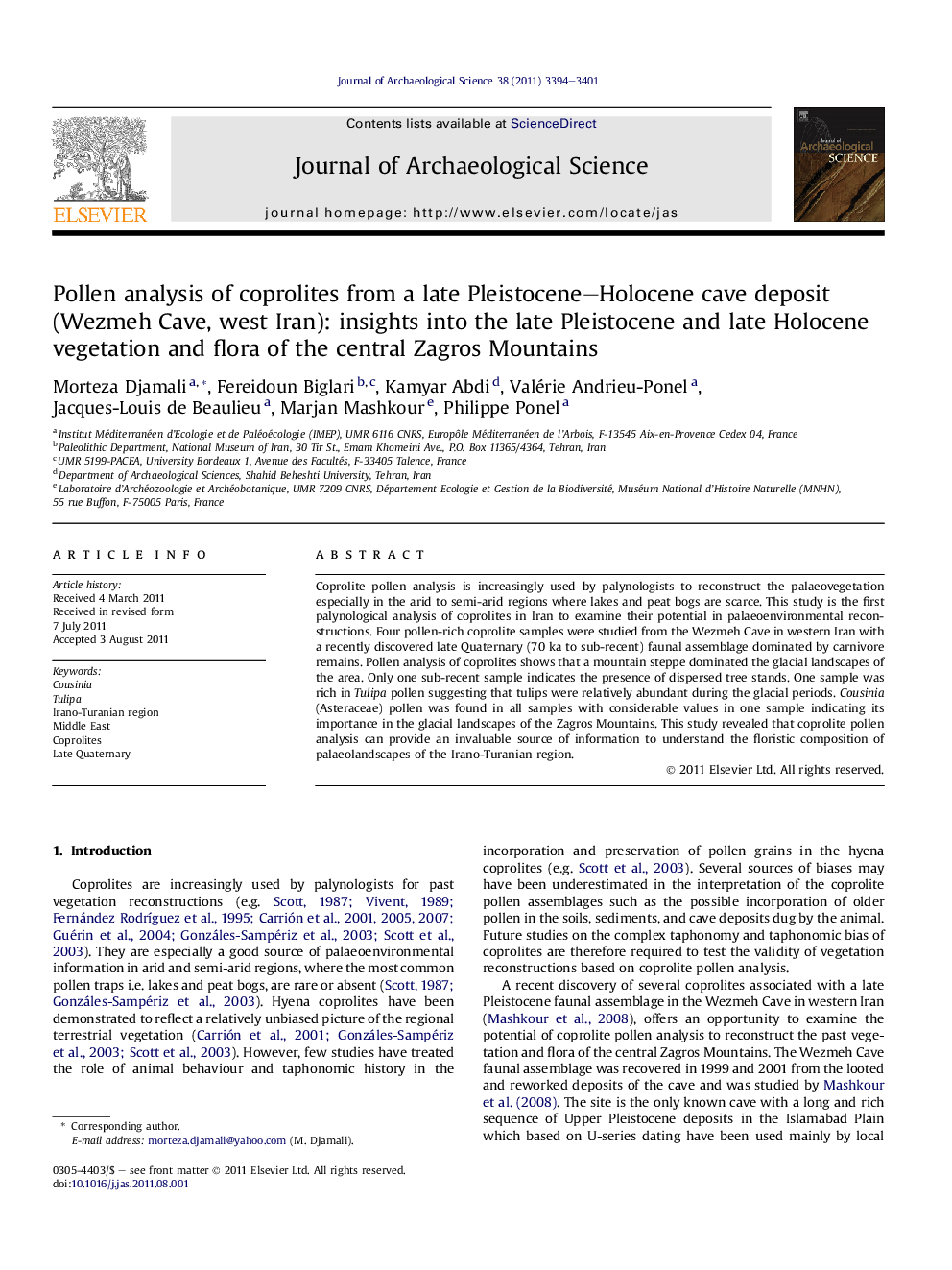 Pollen analysis of coprolites from a late Pleistocene–Holocene cave deposit (Wezmeh Cave, west Iran): insights into the late Pleistocene and late Holocene vegetation and flora of the central Zagros Mountains