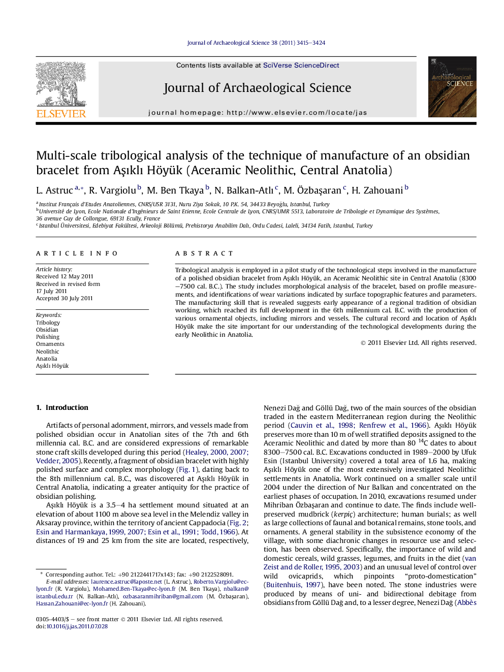 Multi-scale tribological analysis of the technique of manufacture of an obsidian bracelet from Aşıklı Höyük (Aceramic Neolithic, Central Anatolia)