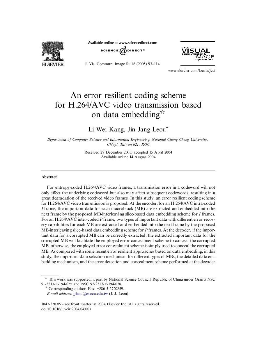 An error resilient coding scheme for H.264/AVC video transmission based on data embedding