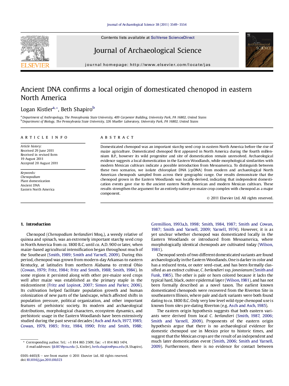 Ancient DNA confirms a local origin of domesticated chenopod in eastern North America