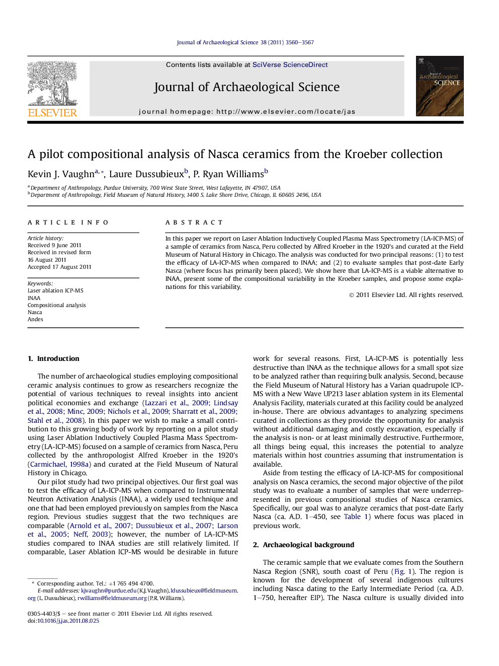 A pilot compositional analysis of Nasca ceramics from the Kroeber collection