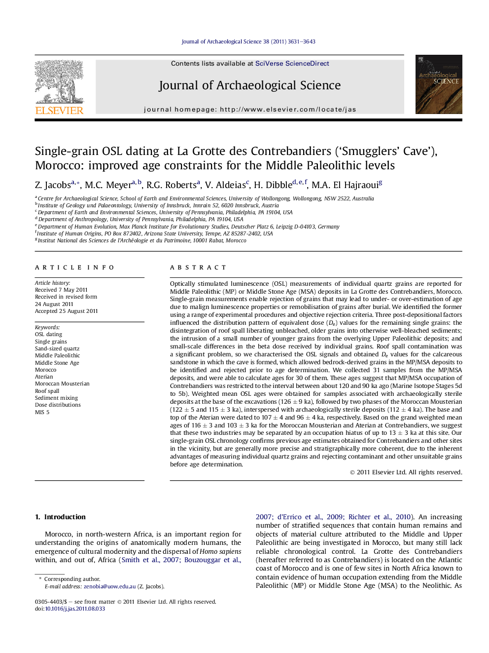 عکس صفحه اول مقاله: Single-grain OSL dating at La Grotte des Contrebandiers (‘Smugglers’ Cave’), Morocco: improved age constraints for the Middle Paleolithic levels Single-grain OSL dating at La Grotte des Contrebandiers (‘Smugglers’ Cave’), Morocco: improved age constraints for the Middle Paleolithic levels