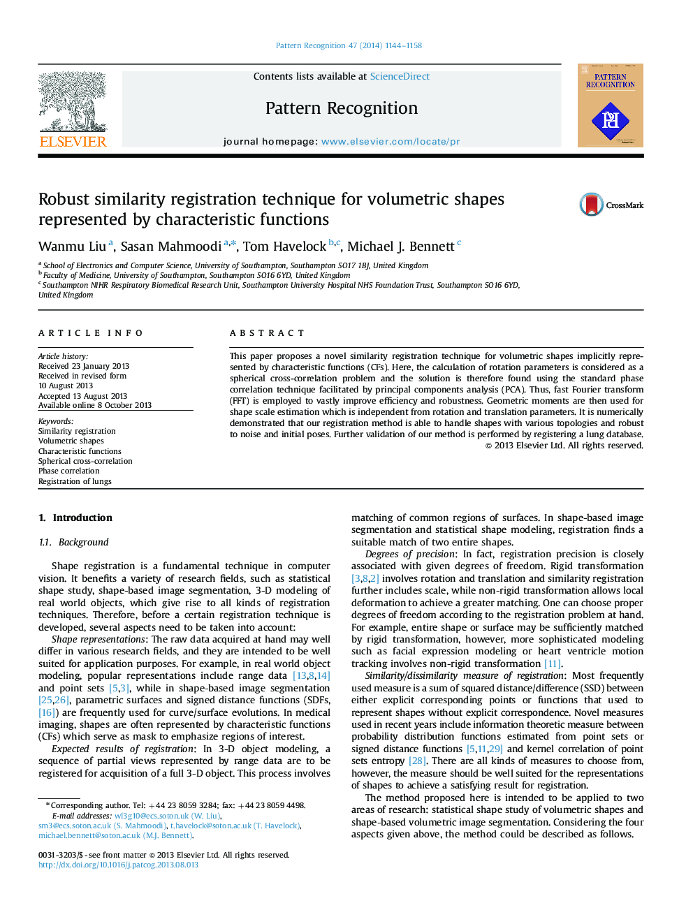 Robust similarity registration technique for volumetric shapes represented by characteristic functions