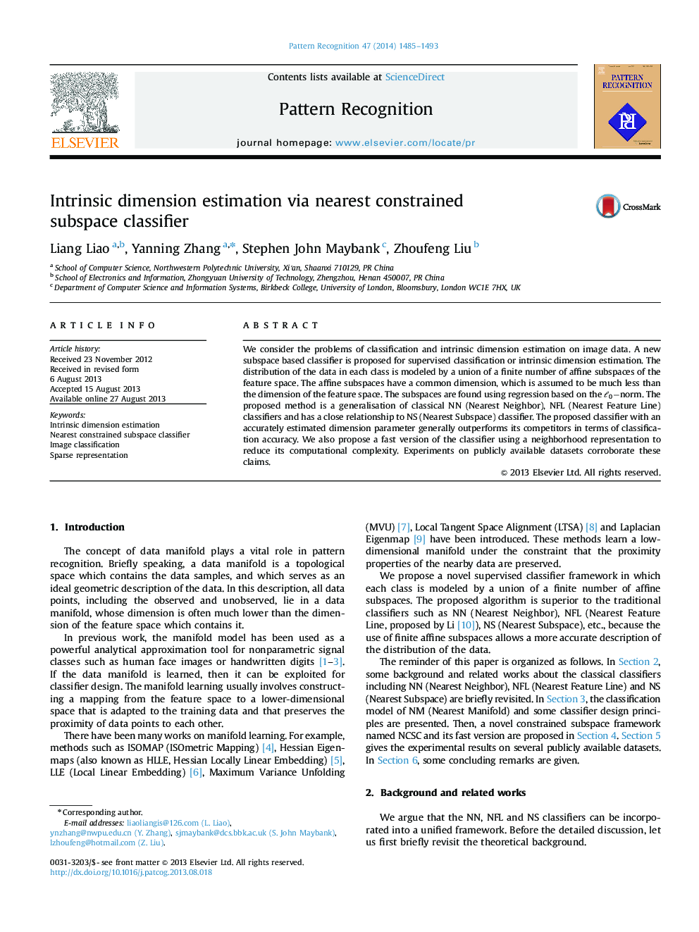 Intrinsic dimension estimation via nearest constrained subspace classifier