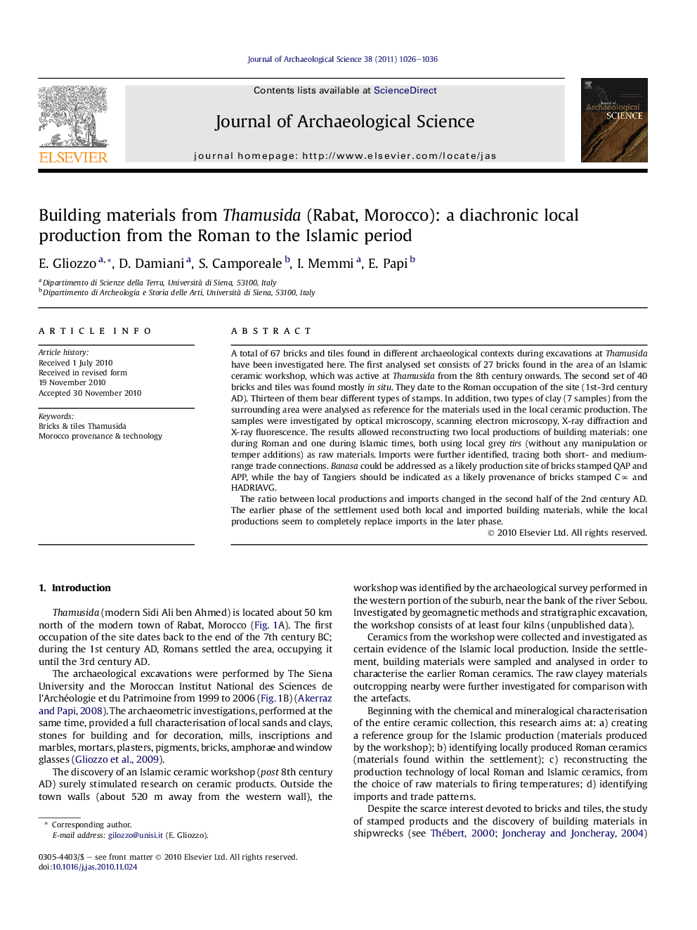 Building materials from Thamusida (Rabat, Morocco): a diachronic local production from the Roman to the Islamic period