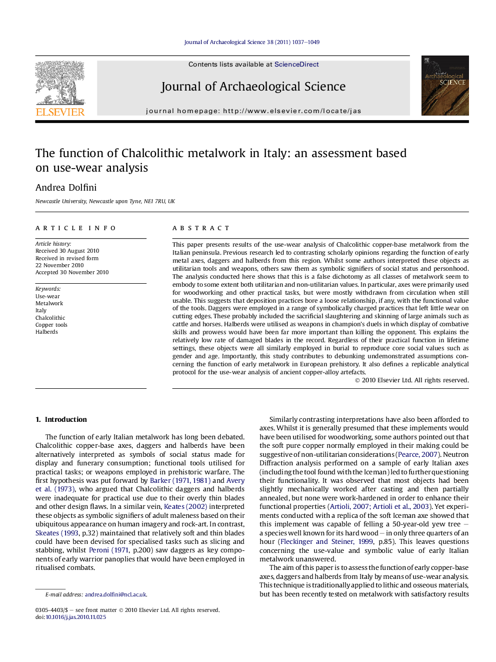 The function of Chalcolithic metalwork in Italy: an assessment based on use-wear analysis