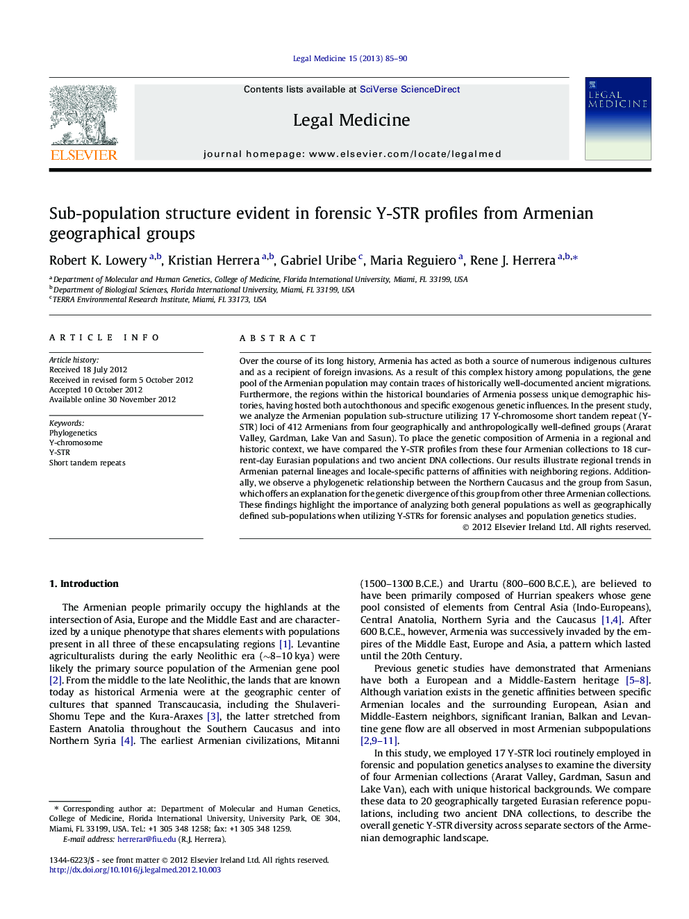 Sub-population structure evident in forensic Y-STR profiles from Armenian geographical groups