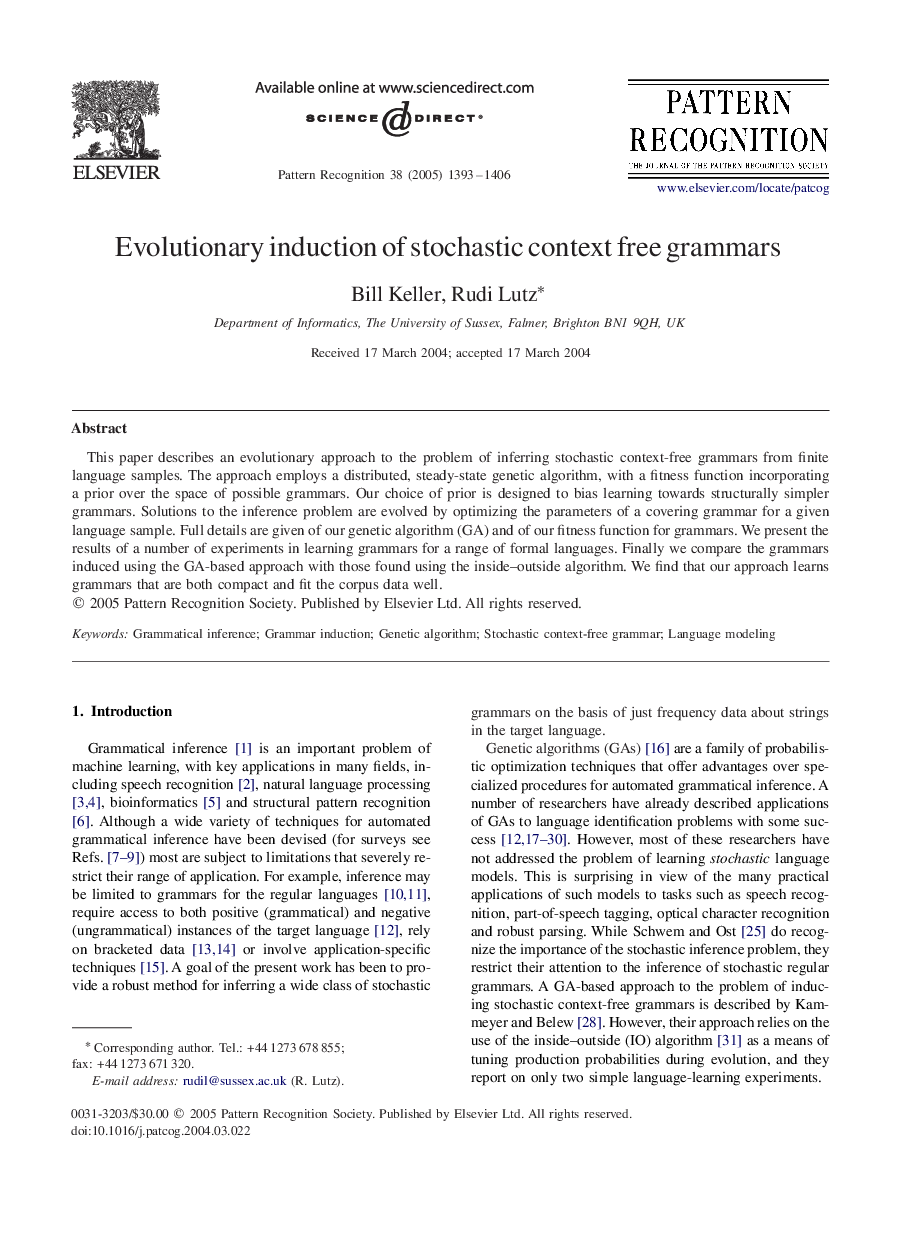 Evolutionary induction of stochastic context free grammars