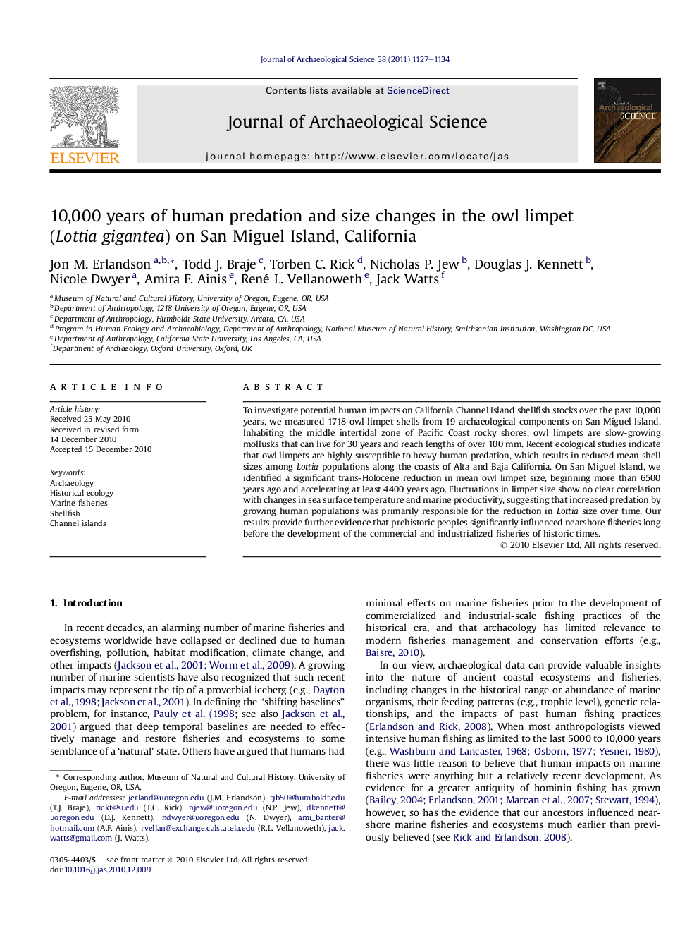 10,000 years of human predation and size changes in the owl limpet (Lottia gigantea) on San Miguel Island, California