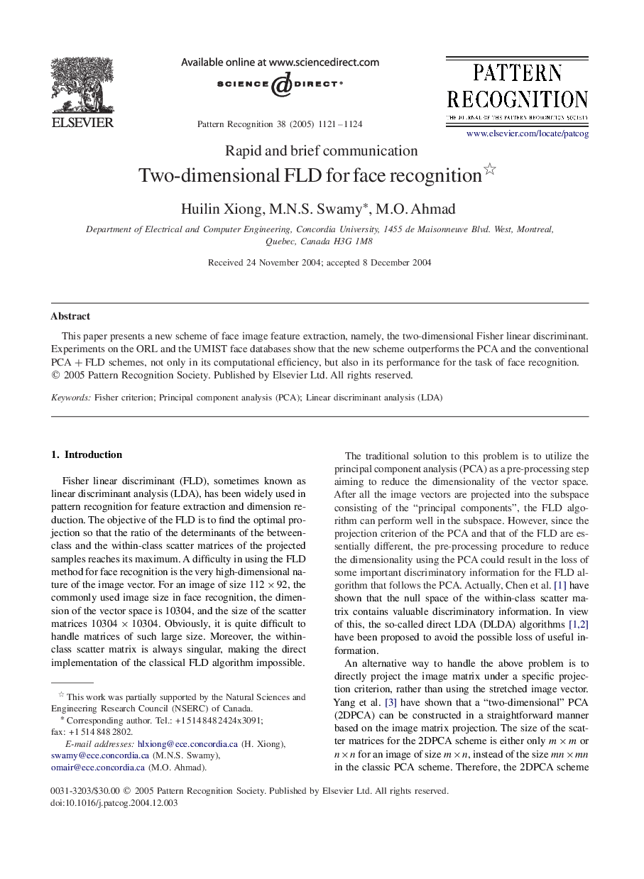 Two-dimensional FLD for face recognition