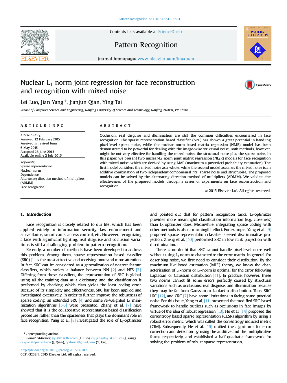 Nuclear-L1 norm joint regression for face reconstruction and recognition with mixed noise