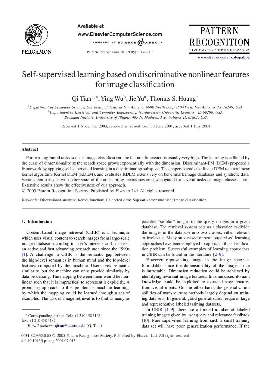 Self-supervised learning based on discriminative nonlinear features for image classification