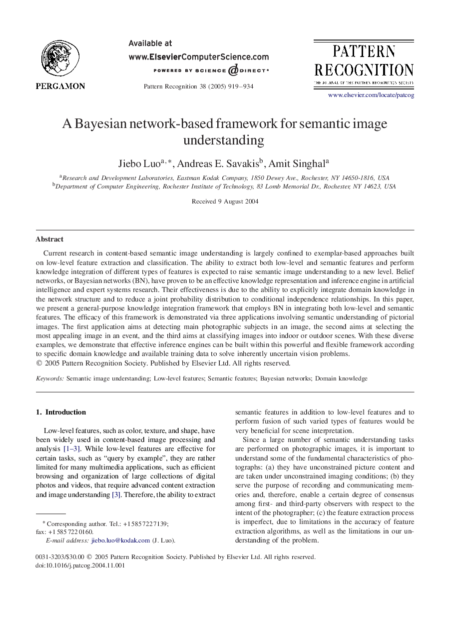 A Bayesian network-based framework for semantic image understanding