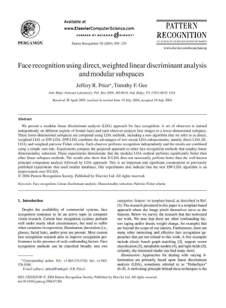 Face recognition using direct, weighted linear discriminant analysis and modular subspaces
