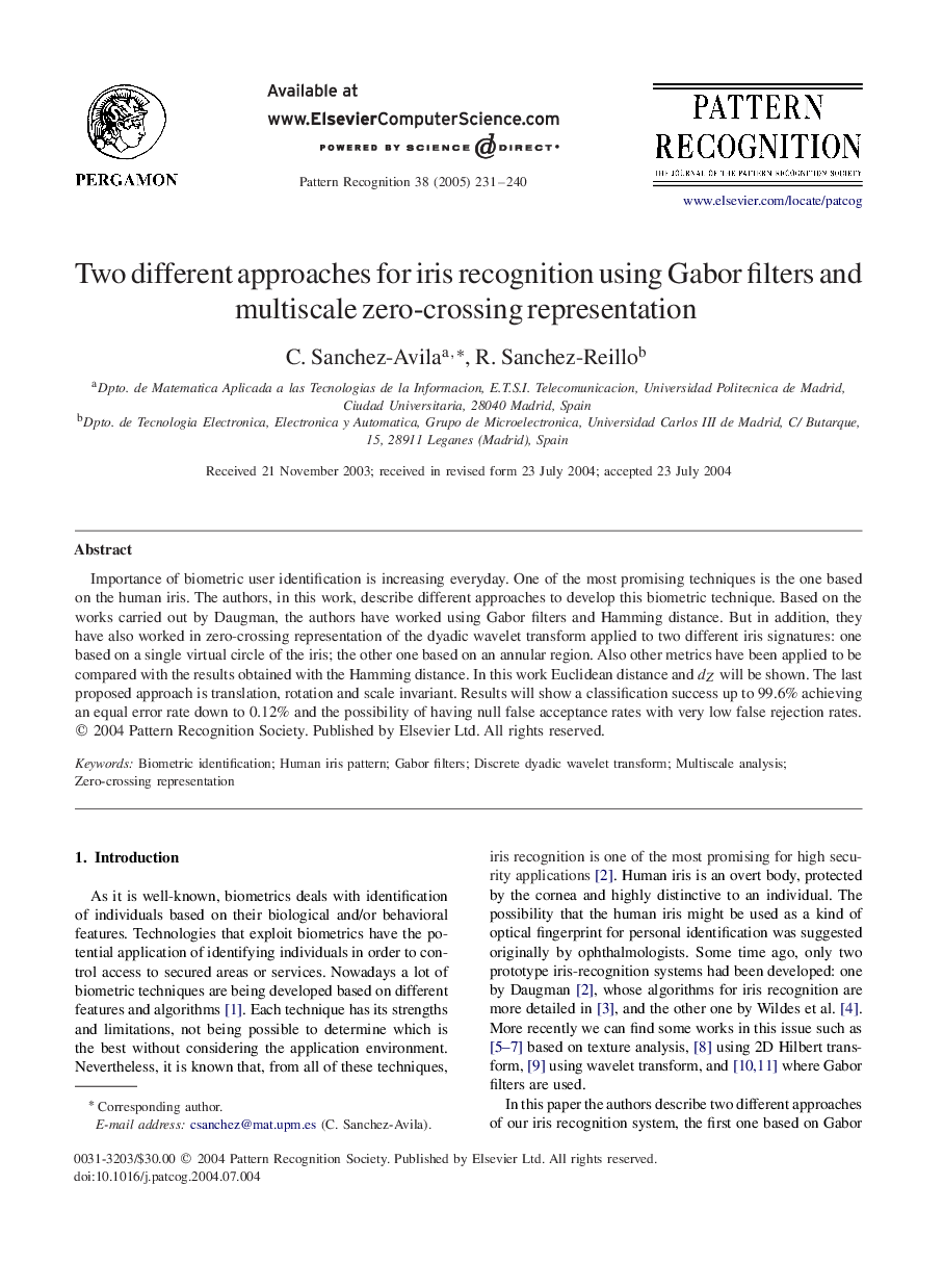 Two different approaches for iris recognition using Gabor filters and multiscale zero-crossing representation