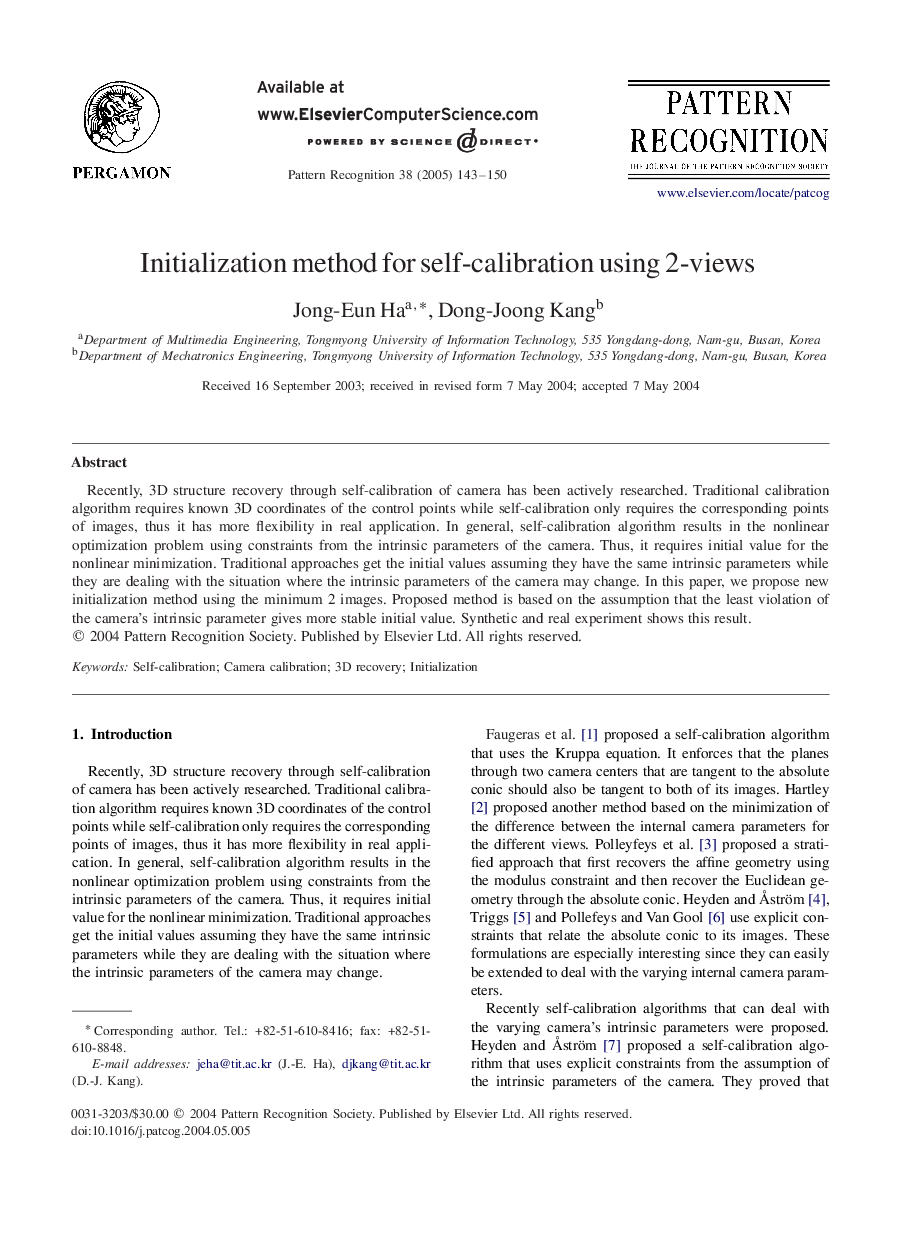 Initialization method for self-calibration using 2-views