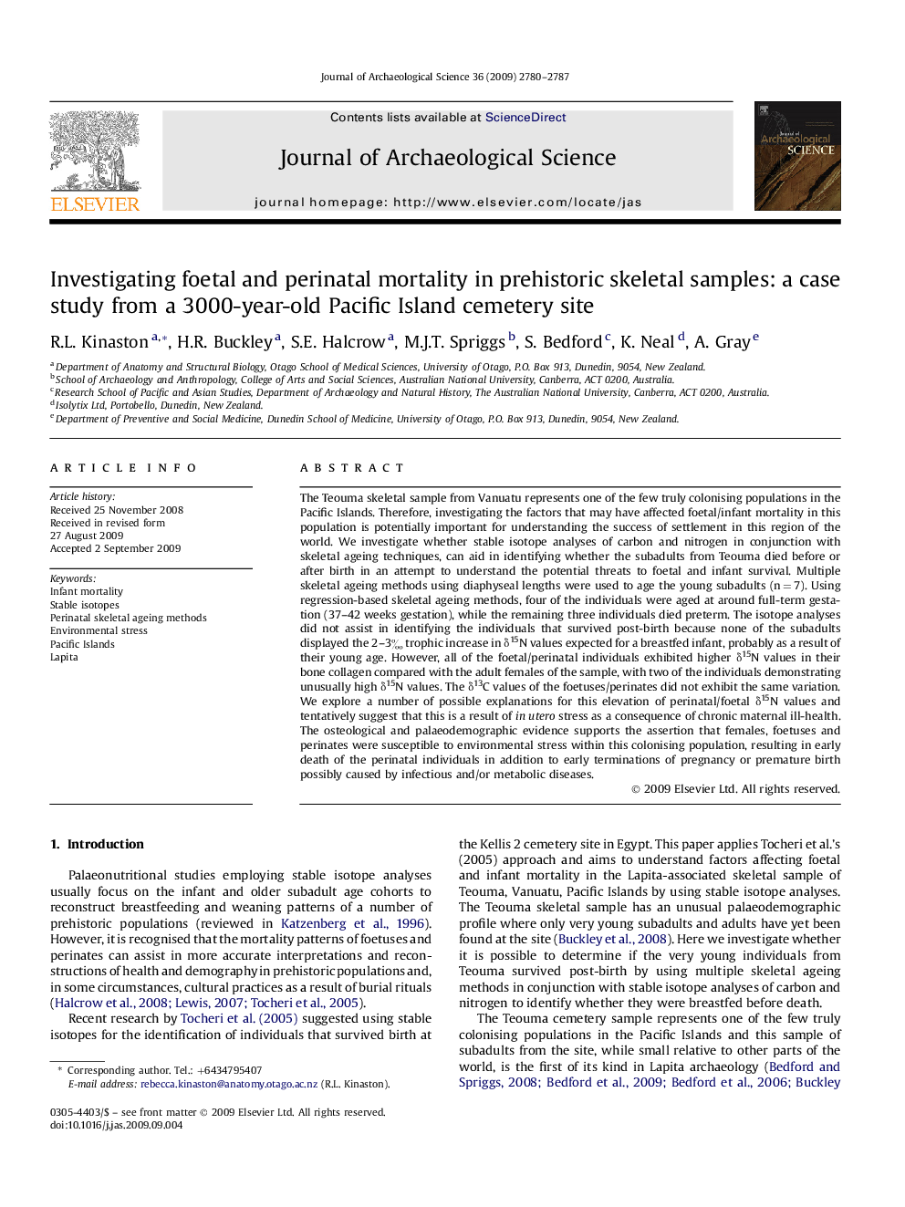 Investigating foetal and perinatal mortality in prehistoric skeletal samples: a case study from a 3000-year-old Pacific Island cemetery site