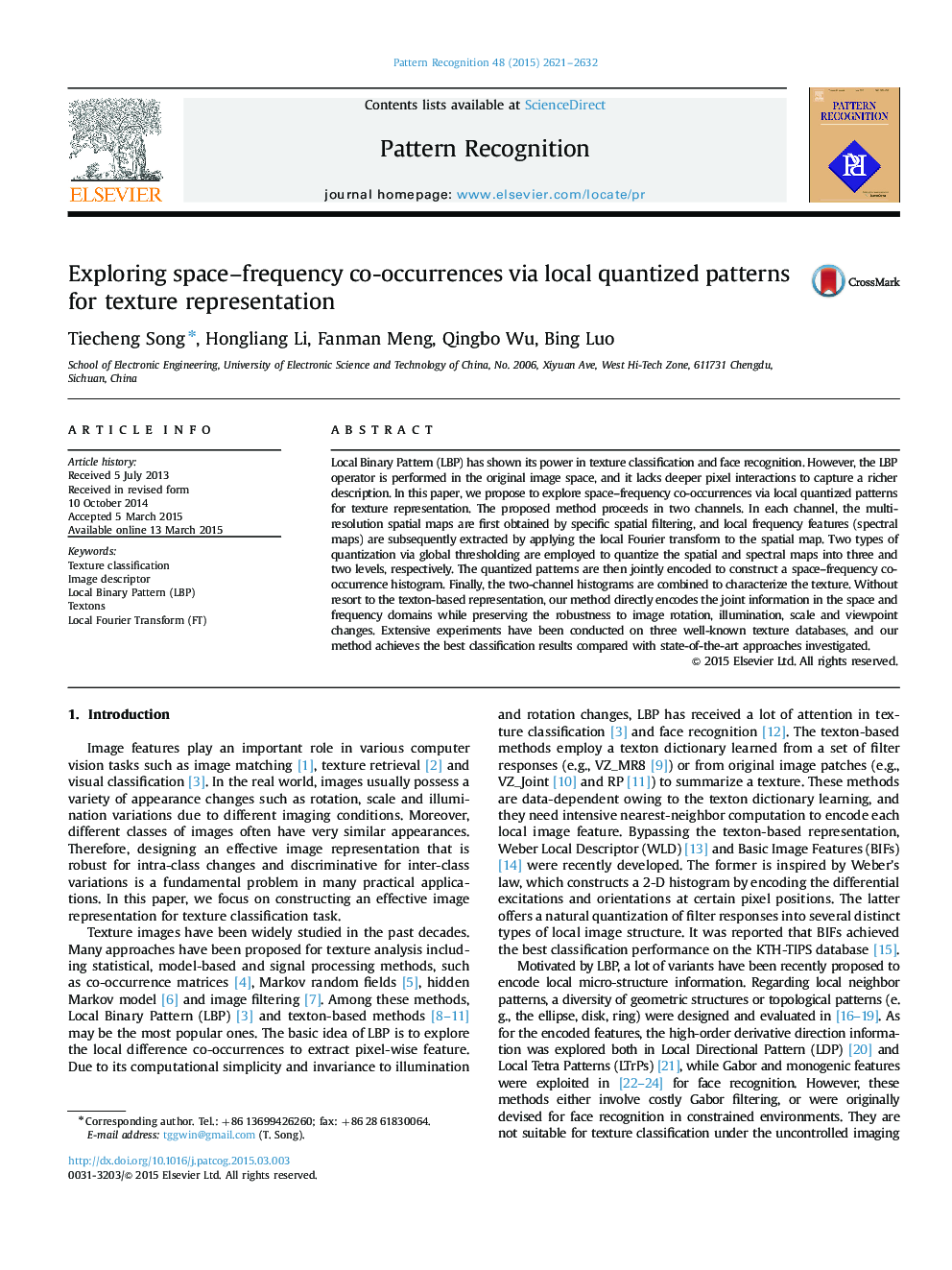 Exploring space-frequency co-occurrences via local quantized patterns for texture representation