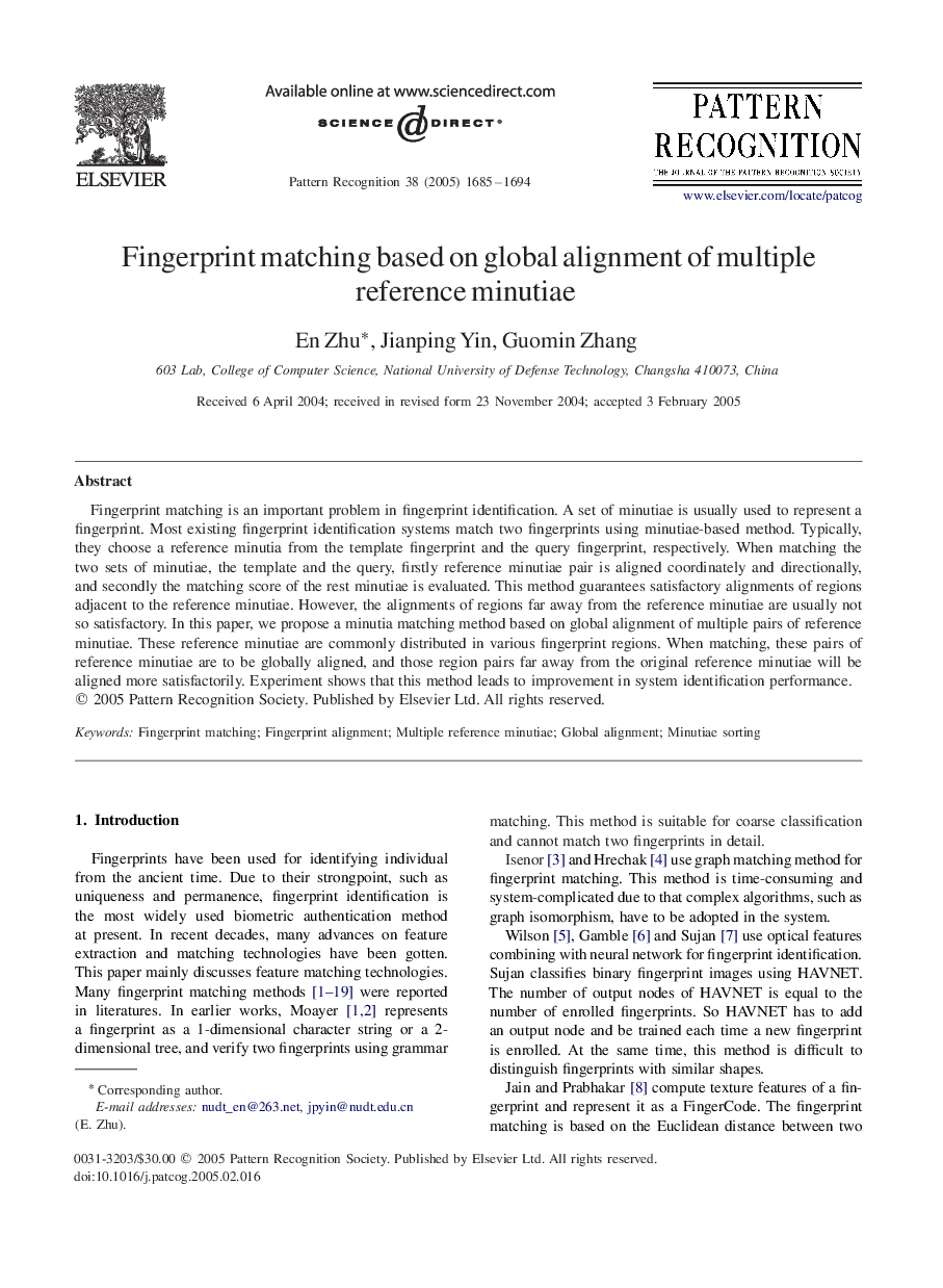 Fingerprint matching based on global alignment of multiple reference minutiae