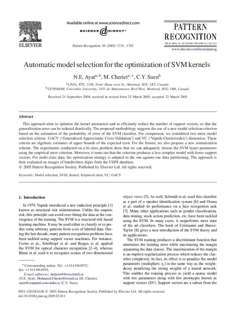 Automatic model selection for the optimization of SVM kernels