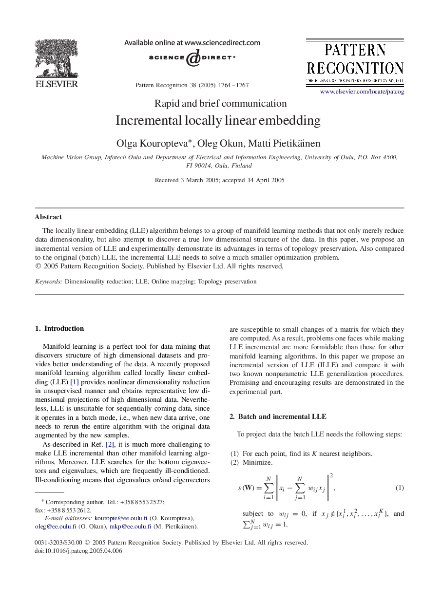 Incremental locally linear embedding