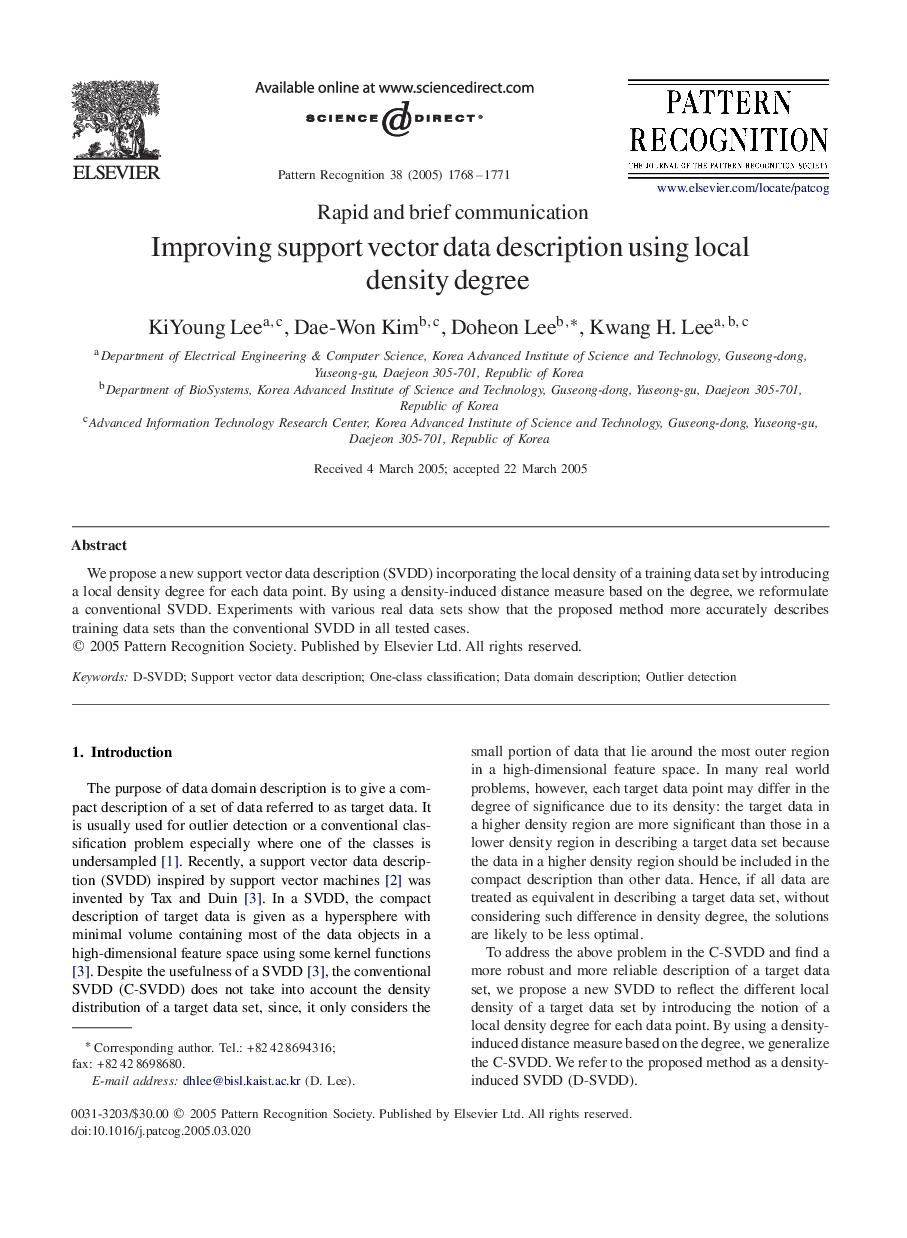 Improving support vector data description using local density degree