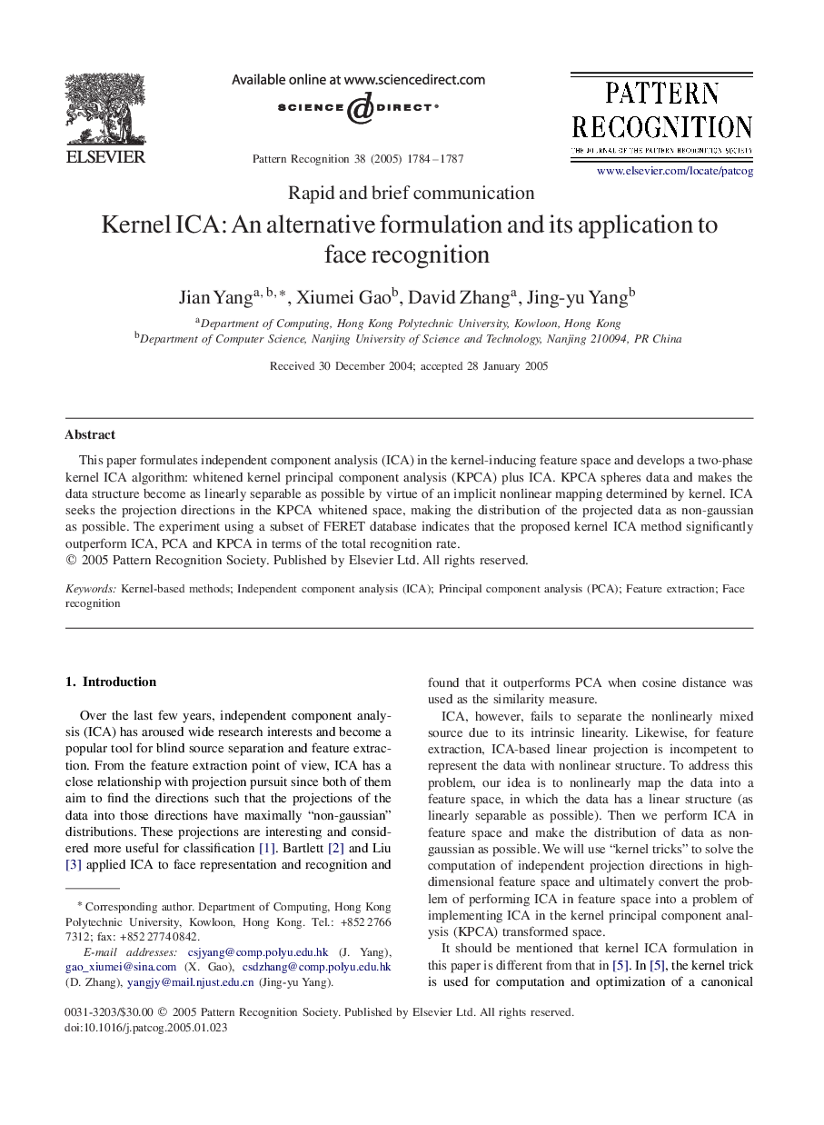 Kernel ICA: An alternative formulation and its application to face recognition