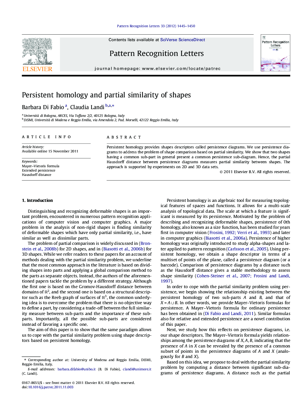 Persistent homology and partial similarity of shapes