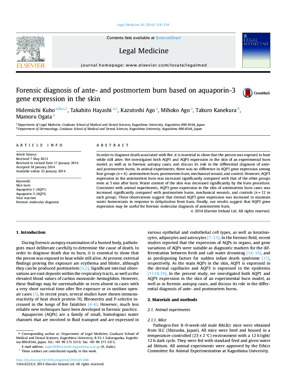 Forensic diagnosis of ante- and postmortem burn based on aquaporin-3 gene expression in the skin