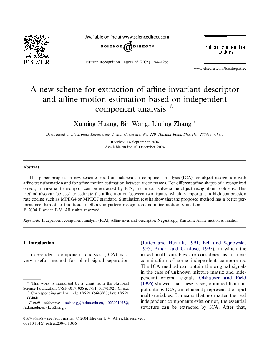 A new scheme for extraction of affine invariant descriptor and affine motion estimation based on independent component analysis