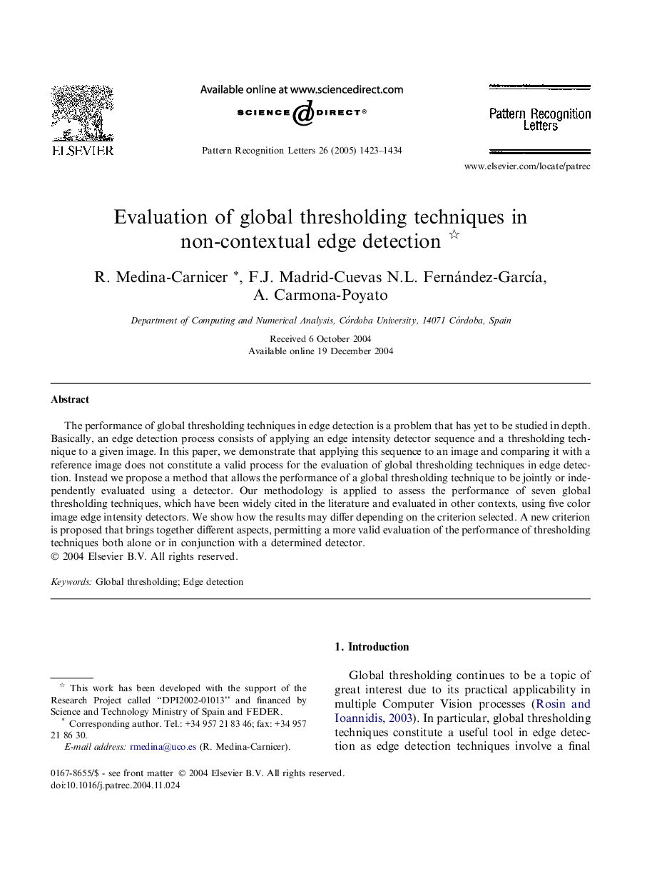 Evaluation of global thresholding techniques in non-contextual edge detection