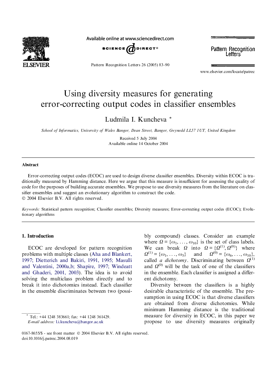 Using diversity measures for generating error-correcting output codes in classifier ensembles