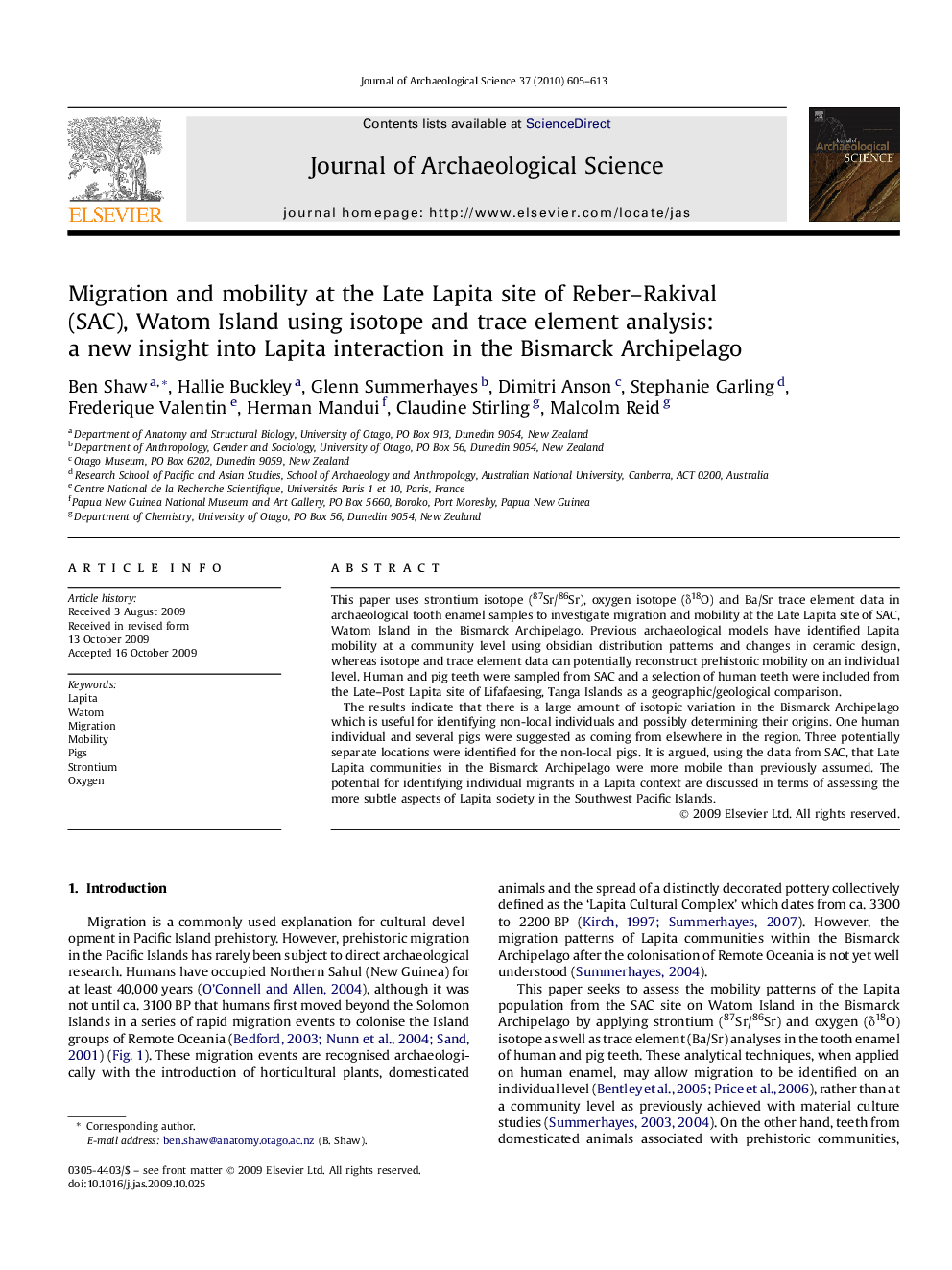 Migration and mobility at the Late Lapita site of Reber–Rakival (SAC), Watom Island using isotope and trace element analysis: a new insight into Lapita interaction in the Bismarck Archipelago