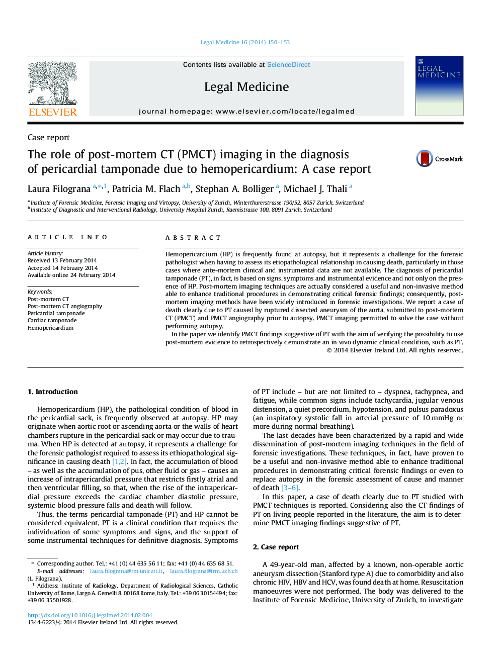 The role of post-mortem CT (PMCT) imaging in the diagnosis of pericardial tamponade due to hemopericardium: A case report