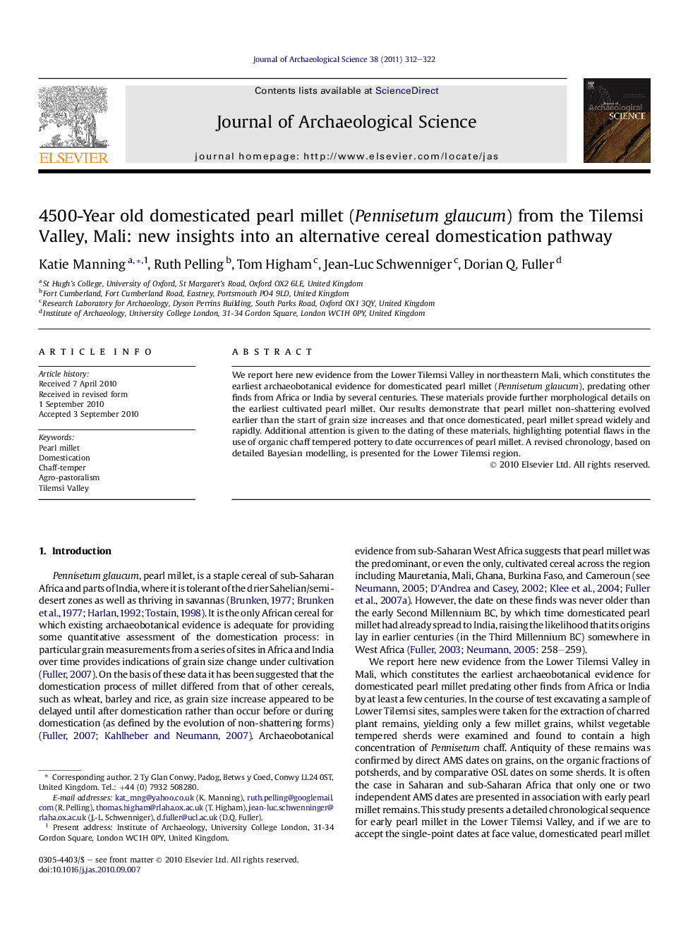 4500-Year old domesticated pearl millet (Pennisetum glaucum) from the Tilemsi Valley, Mali: new insights into an alternative cereal domestication pathway