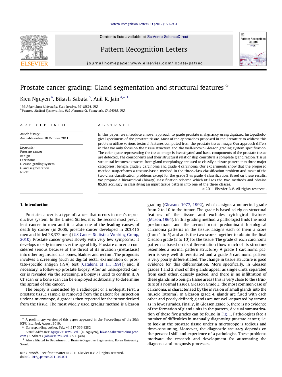 Prostate cancer grading: Gland segmentation and structural features