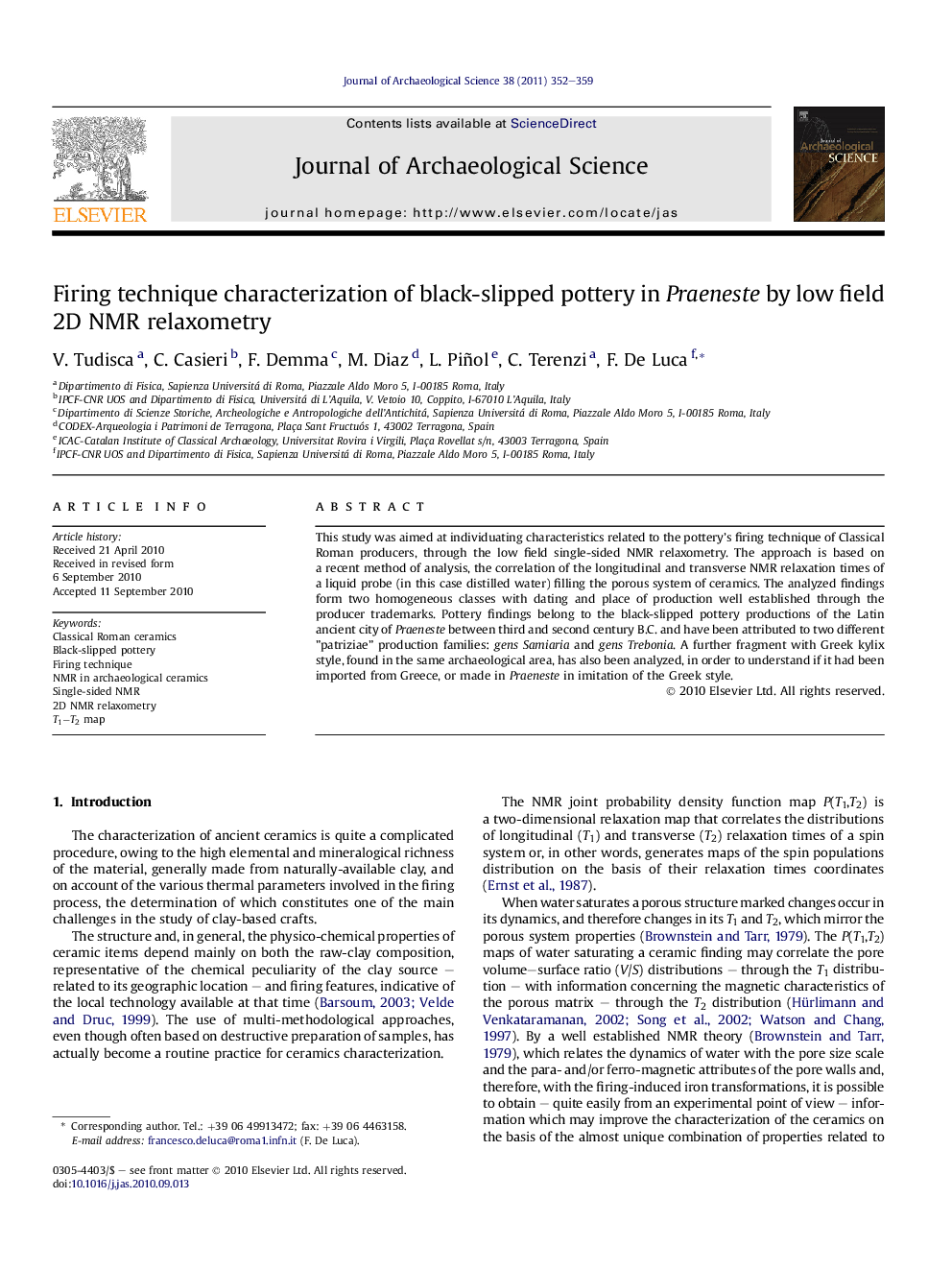 عکس صفحه اول مقاله: Firing technique characterization of black-slipped pottery in Praeneste by low field 2D NMR relaxometry Firing technique characterization of black-slipped pottery in Praeneste by low field 2D NMR relaxometry