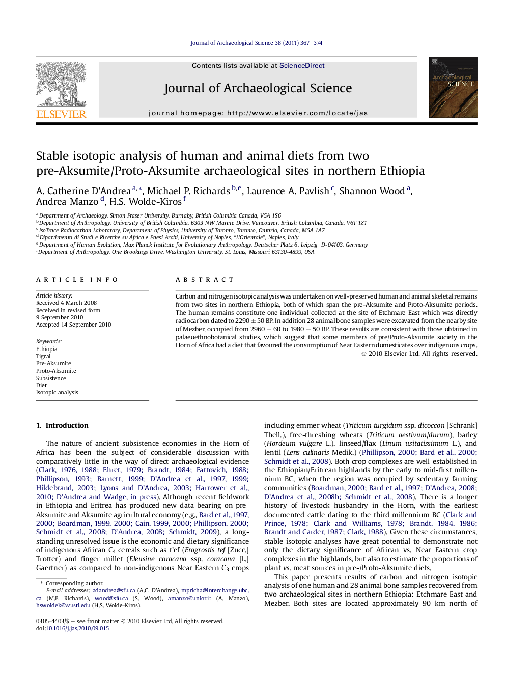 Stable isotopic analysis of human and animal diets from two pre-Aksumite/Proto-Aksumite archaeological sites in northern Ethiopia