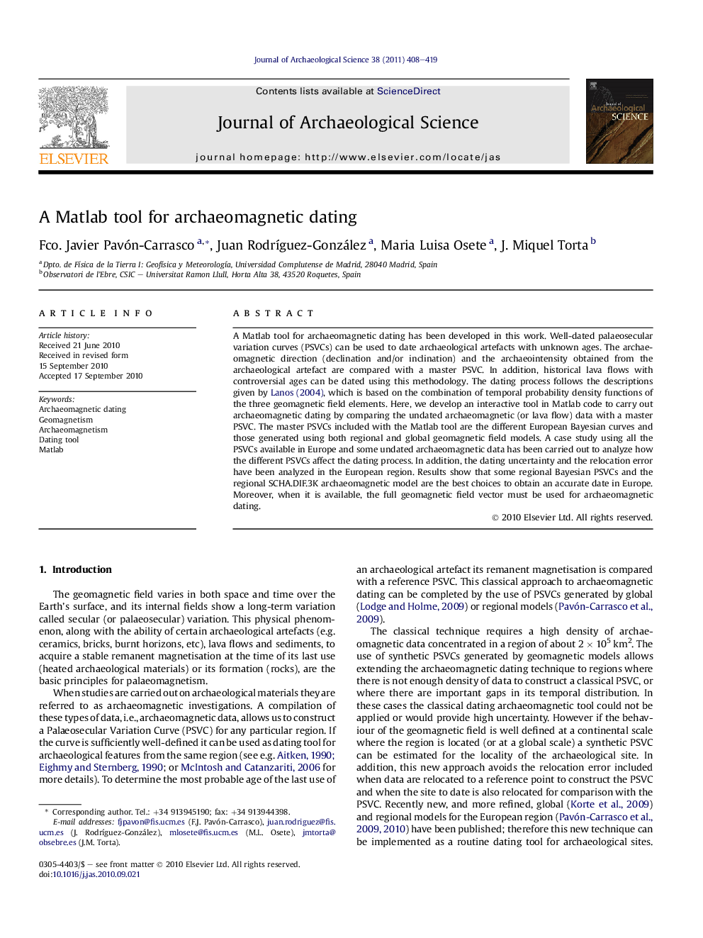 A Matlab tool for archaeomagnetic dating